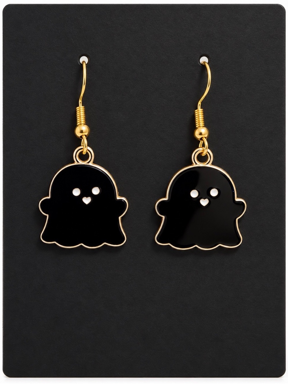 Black Enamel Ghost Drop Earrings with Gold Trim